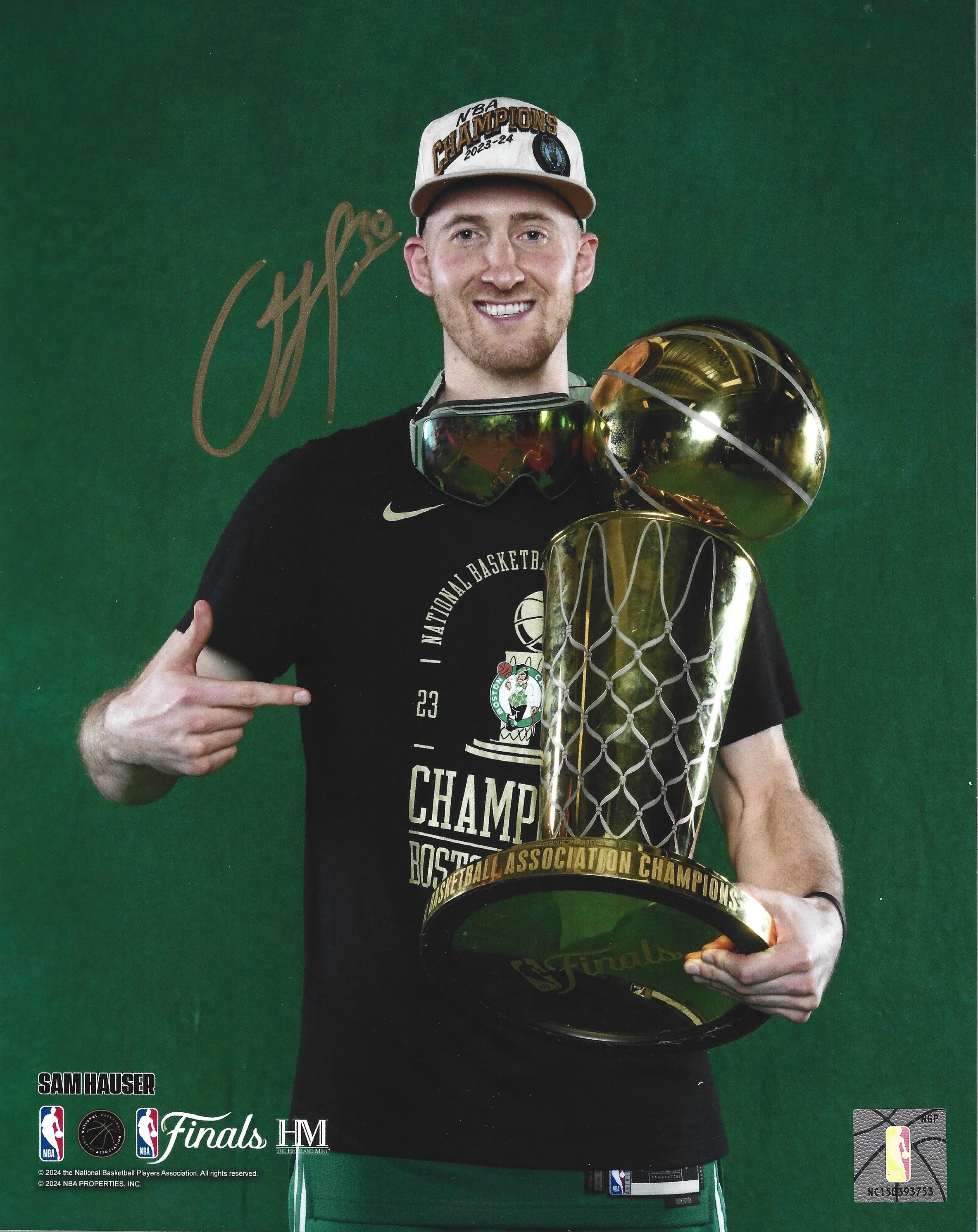 Sam Hauser 2024 NBA Trophy Autographed Boston Celtics 11" x 14" Championship Photo - Image 2