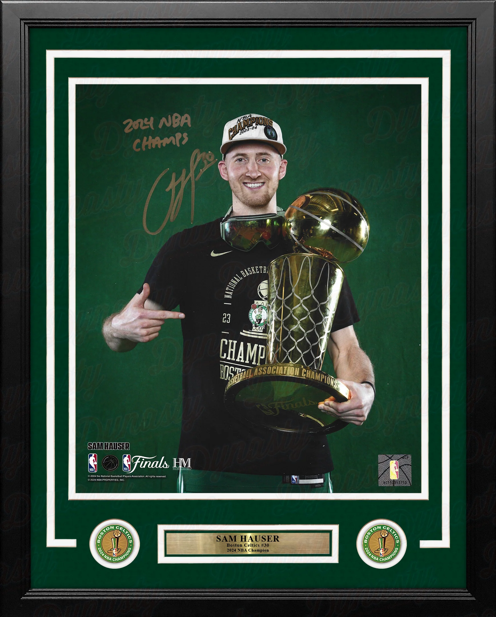 Sam Hauser 2024 NBA Trophy Autographed Boston Celtics 11" x 14" Framed Photo - 2024 NBA Champs - Image 2