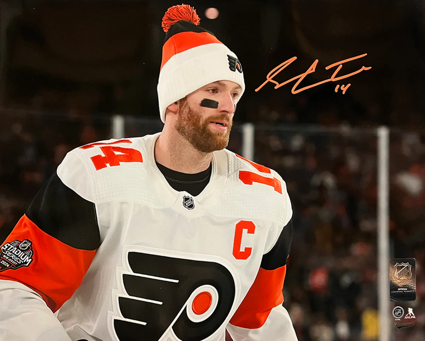 Sean Couturier 2024 Captain Debut Philadelphia Flyers Autographed 11x14 Photo - Orange Signature - Image 2