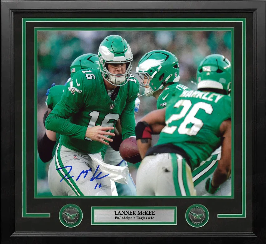 Tanner McKee Hand-Off in Kelly Green Philadelphia Eagles Autographed 11" x 14" Framed Football Photo