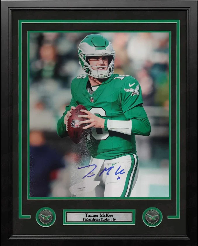 Tanner McKee Kelly Green Action Philadelphia Eagles Autographed 16" x 20" Framed Football Photo