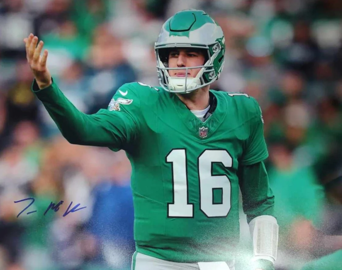Tanner McKee Kelly Green Pose Philadelphia Eagles Autographed 16" x 20" Football Photo