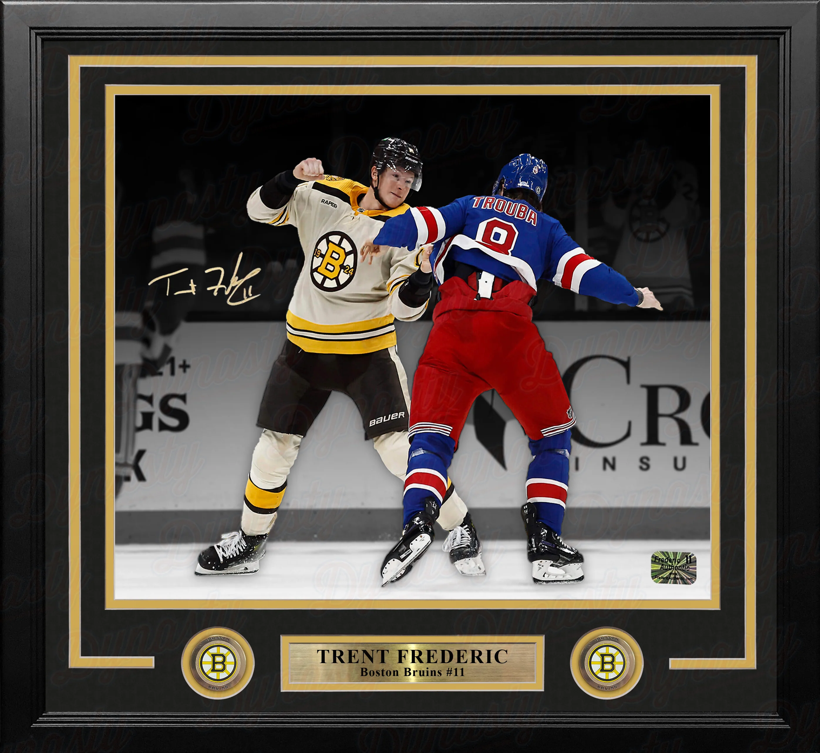 Trent Frederic Fighting Action Boston Bruins Autographed 16" x 20" Framed Hockey Photo - Image 2