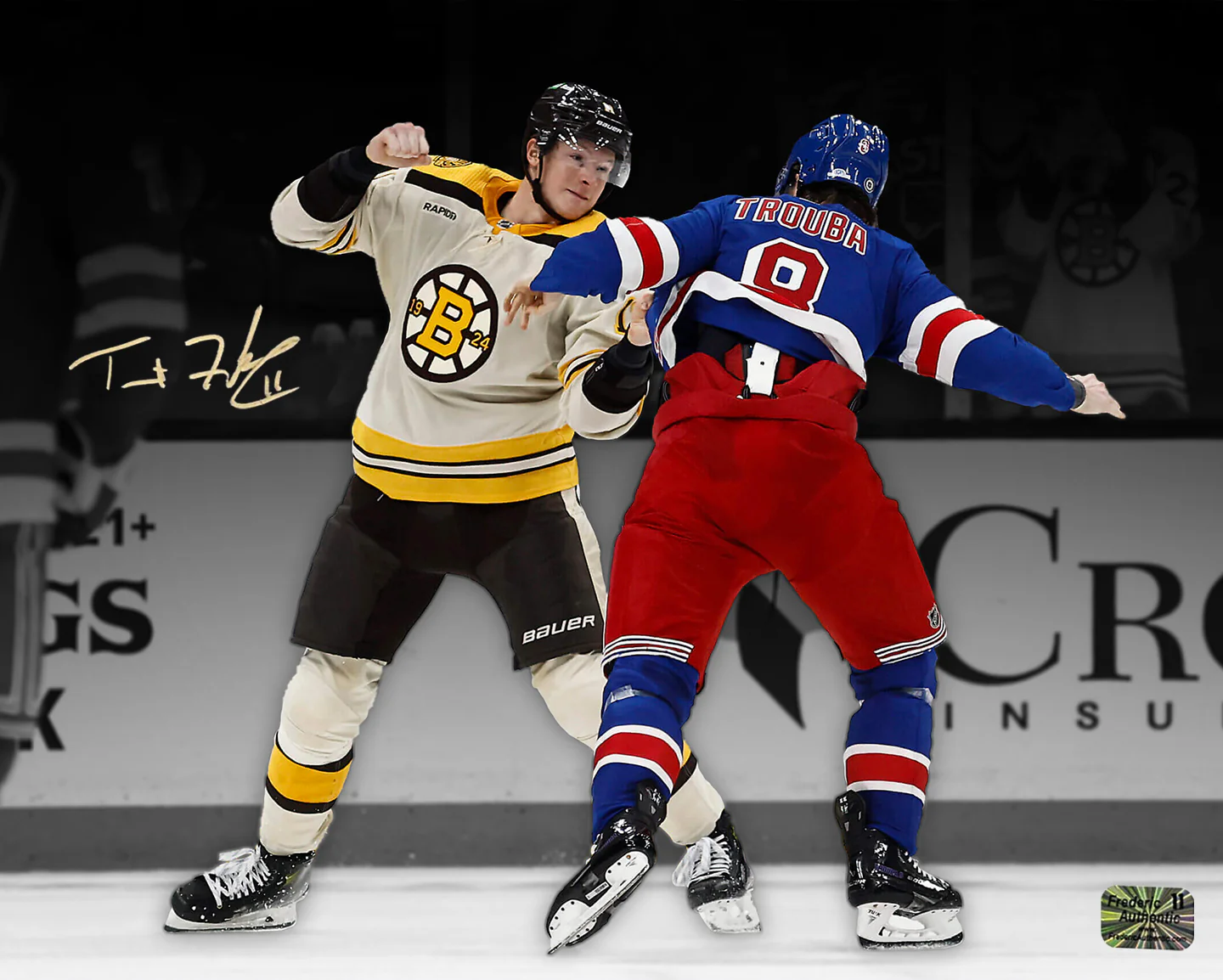 Trent Frederic Fighting Action Boston Bruins Autographed 16" x 20" Hockey Photo - Image 2