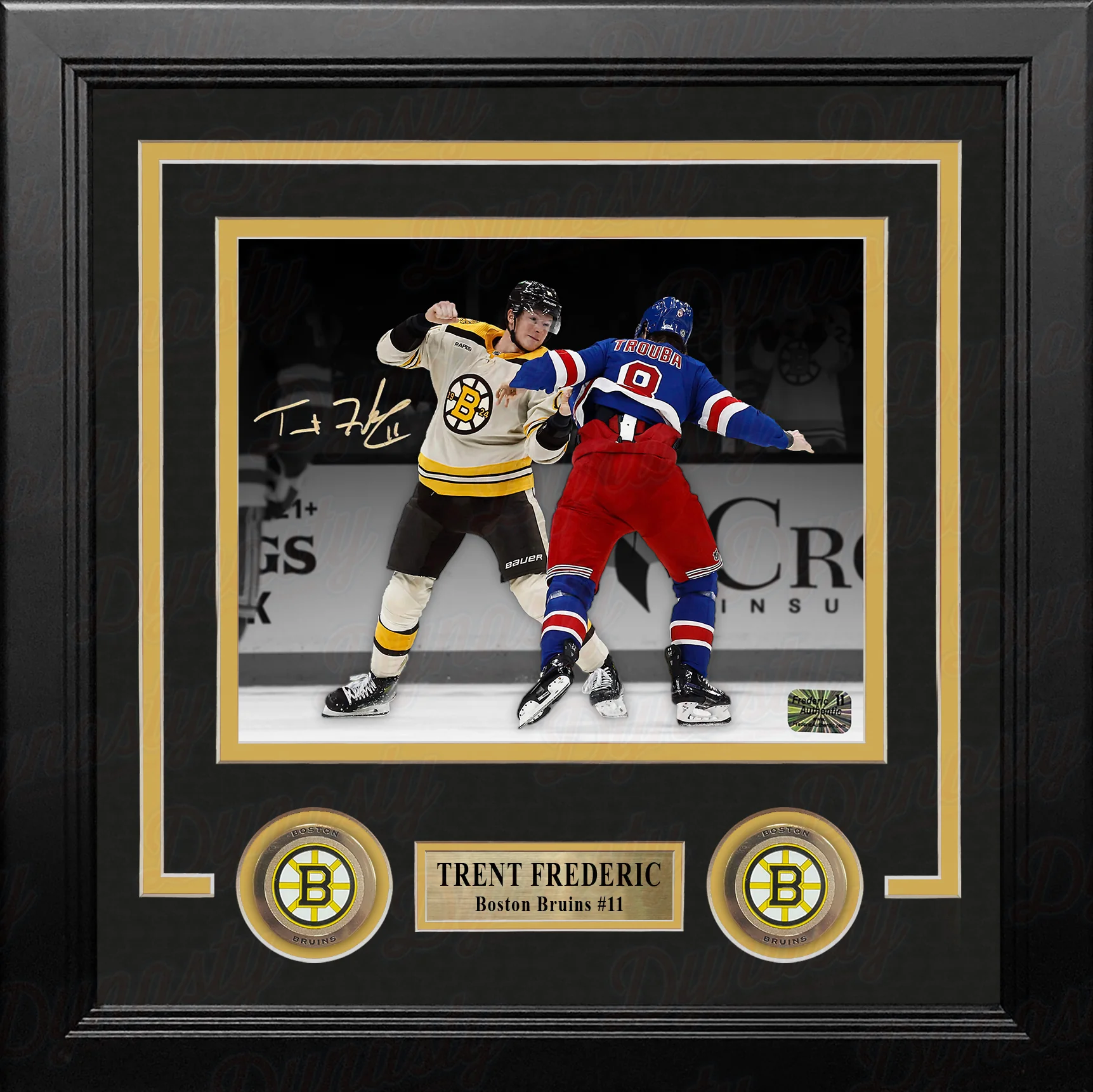 Trent Frederic Fighting Action Boston Bruins Autographed 8" x 10" Framed Hockey Photo - Image 2