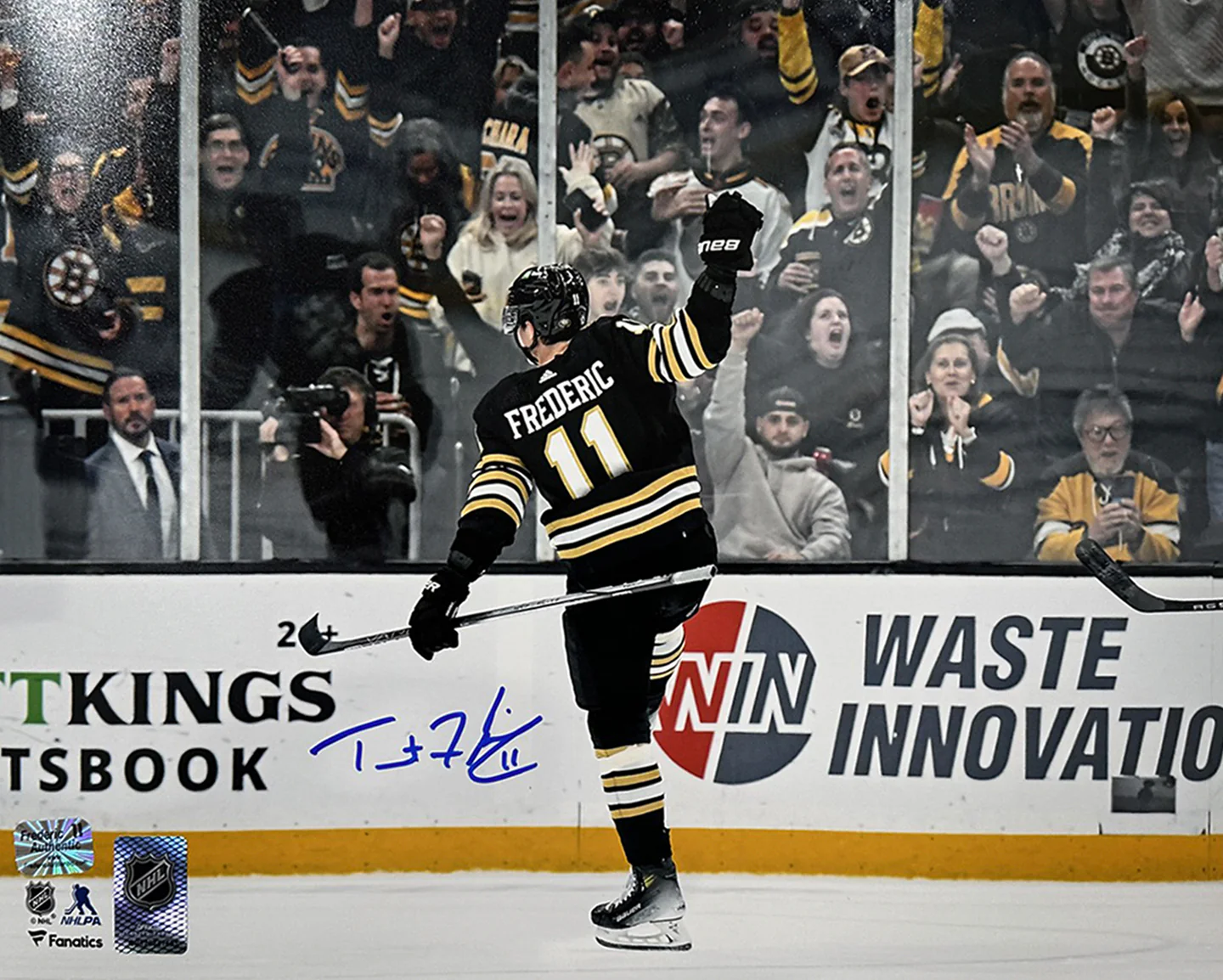 Trent Frederic Goal Celebration Boston Bruins Autographed 11" x 14" Hockey Photo - Image 2