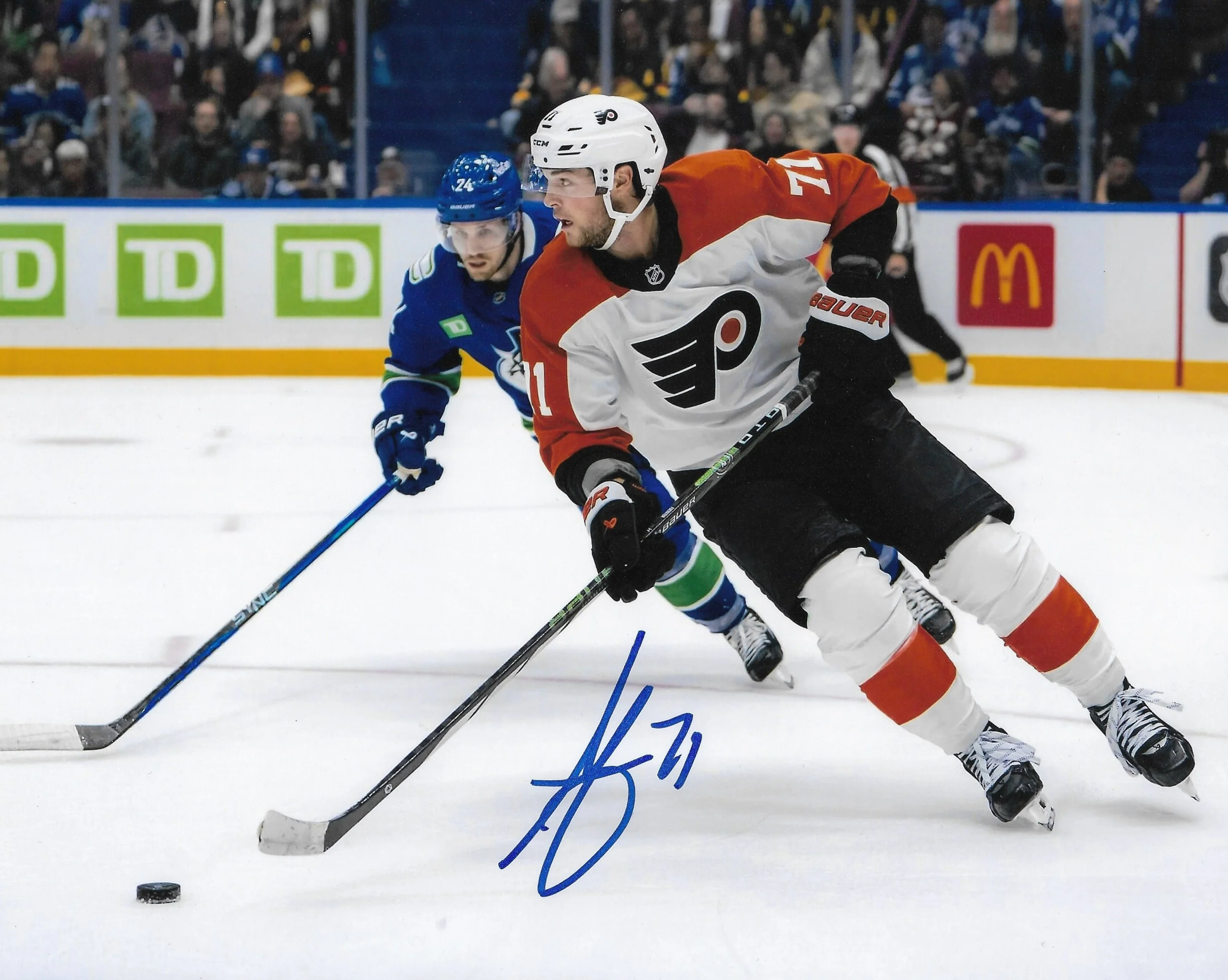 Tyson Foerster v. Vancouver Autographed Philadelphia Flyers 8" x 10" Hockey Photo