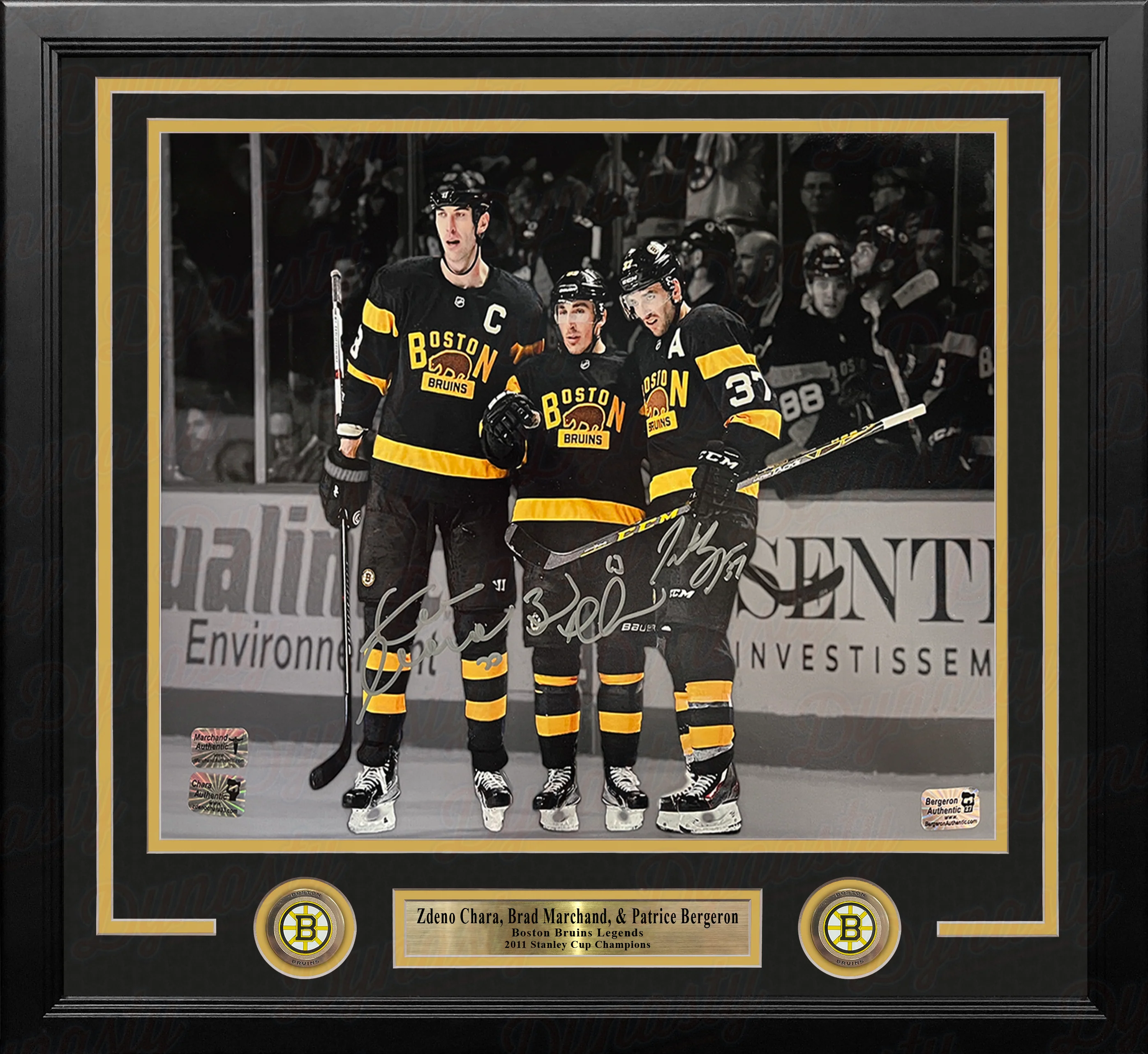 Zdeno Chara, Brad Marchand, Patrice Bergeron Boston Bruins Autographed 16x20 Framed Blackout Photo - Image 2